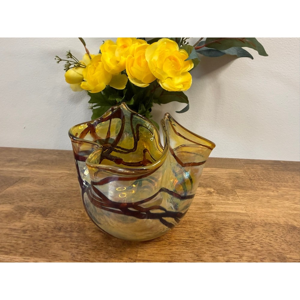 Vintage Hand‎ Blown Amber Art Glass Freeform Bowl Brown Trailed Studio Glass